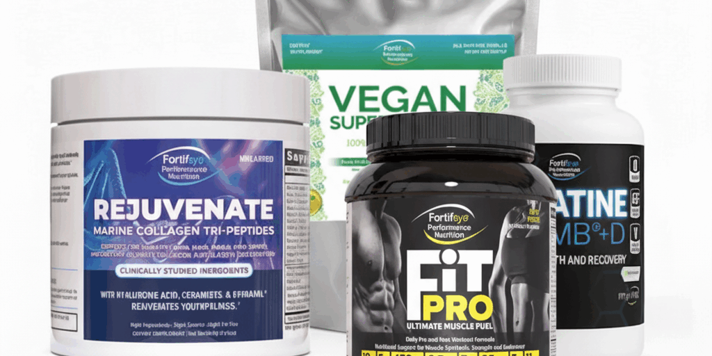 Fortifeye Creatine + myHMB + Vitamin D, Fortifeye Fit Pro, Fortifeye Rejuvenate, and Fortifeye Vegan Super Protein displayed together, highlighting advanced muscle growth, recovery, and longevity supplements