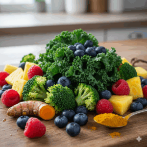 broccoli, kale, blueberry, acai, pineapple, raspberry, and turmeric
