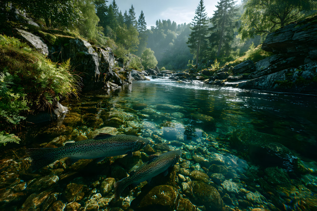 Salmon swimming against river current. Norway, Stavanger region, Rogaland, Ryfylke scenic route.